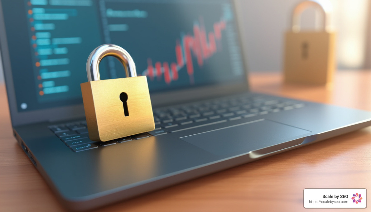 3D illustration of a secure lock on a laptop - Improve search rankings