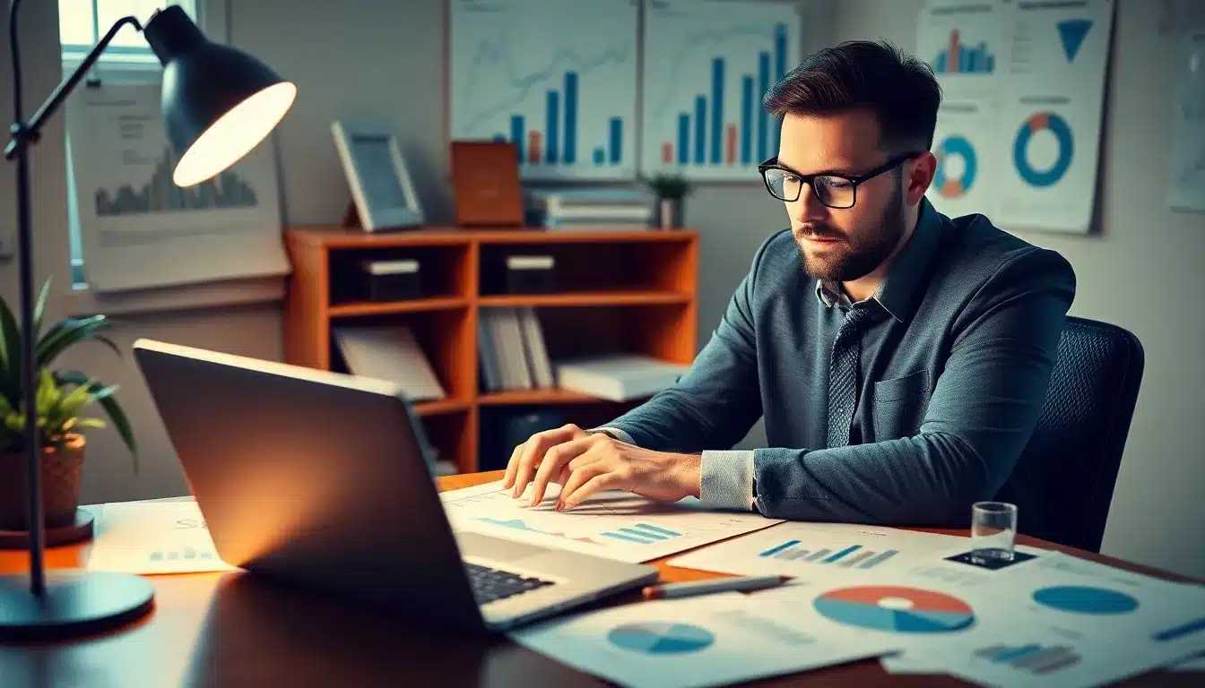 man working on laptop, graphs and charts scattered about - How to Build Citations for Local SEO