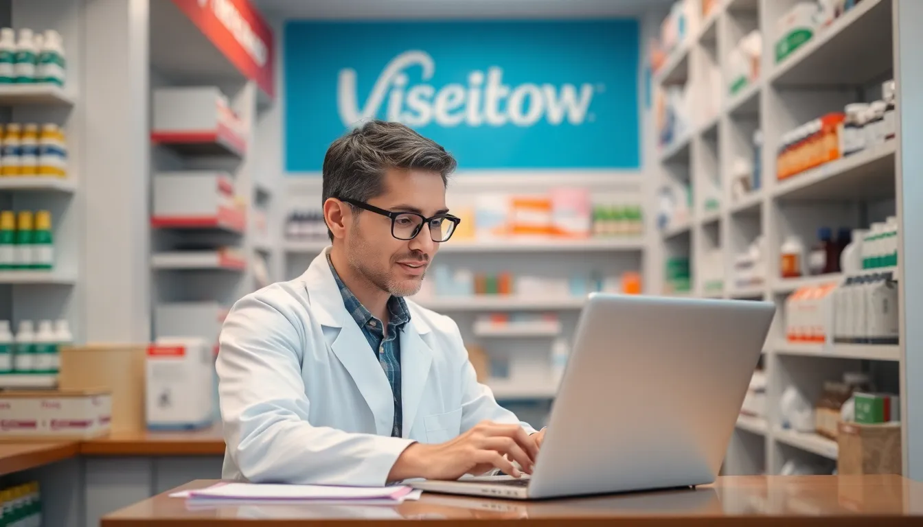 person working on laptop in pharmacy - can backlinks hurt your site