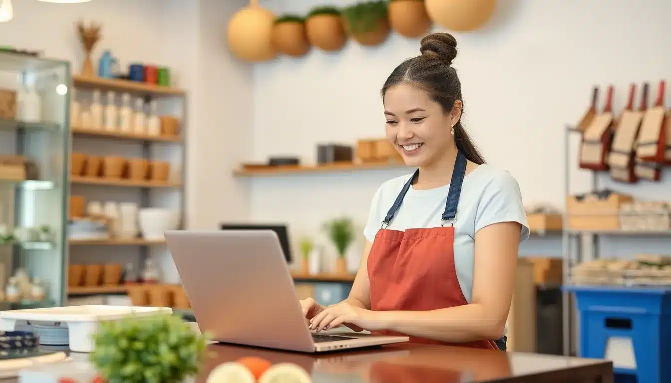 person working on laptop in store - can backlinks hurt your site