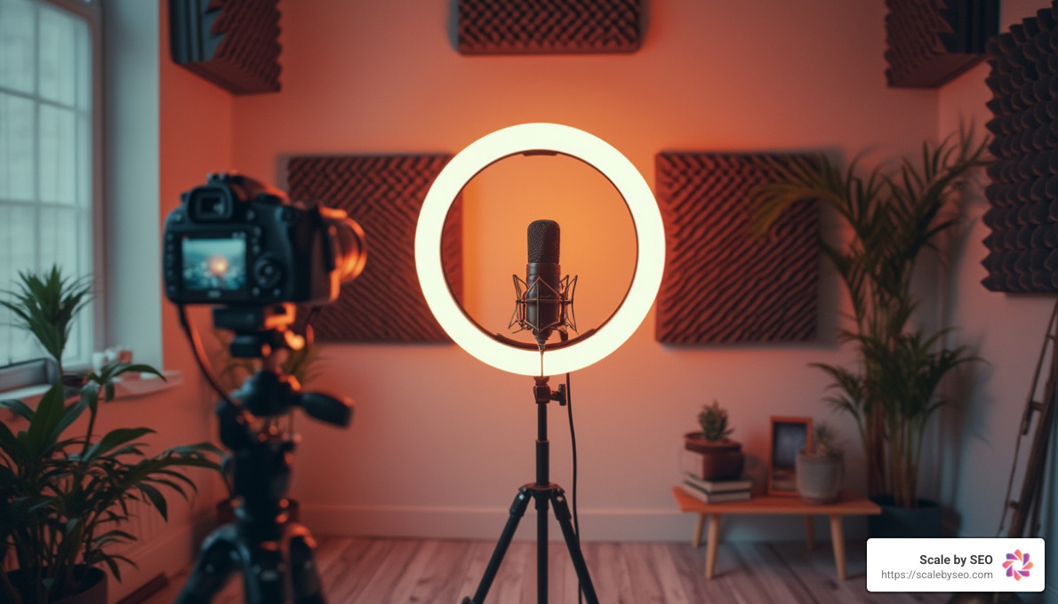 realistic photo of YouTube studio setup with ring light, DSLR camera on tripod, podcast microphone, sound absorption panels on wall, warm lighting - online video distribution services realistic photo of YouTube studio setup with ring light, DSLR camera on tripod, podcast microphone, sound absorption panels on wall, warm lighting - online video distribution services