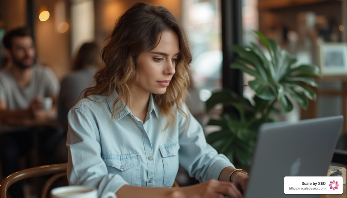 Female freelancer working in a coffee shop, using an SEO backlink checker on a laptop - seo backlink analyzer