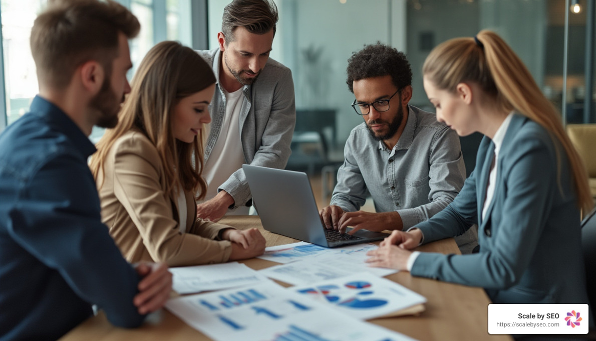 Realistic photo of employees analyzing graphs - content distribution services