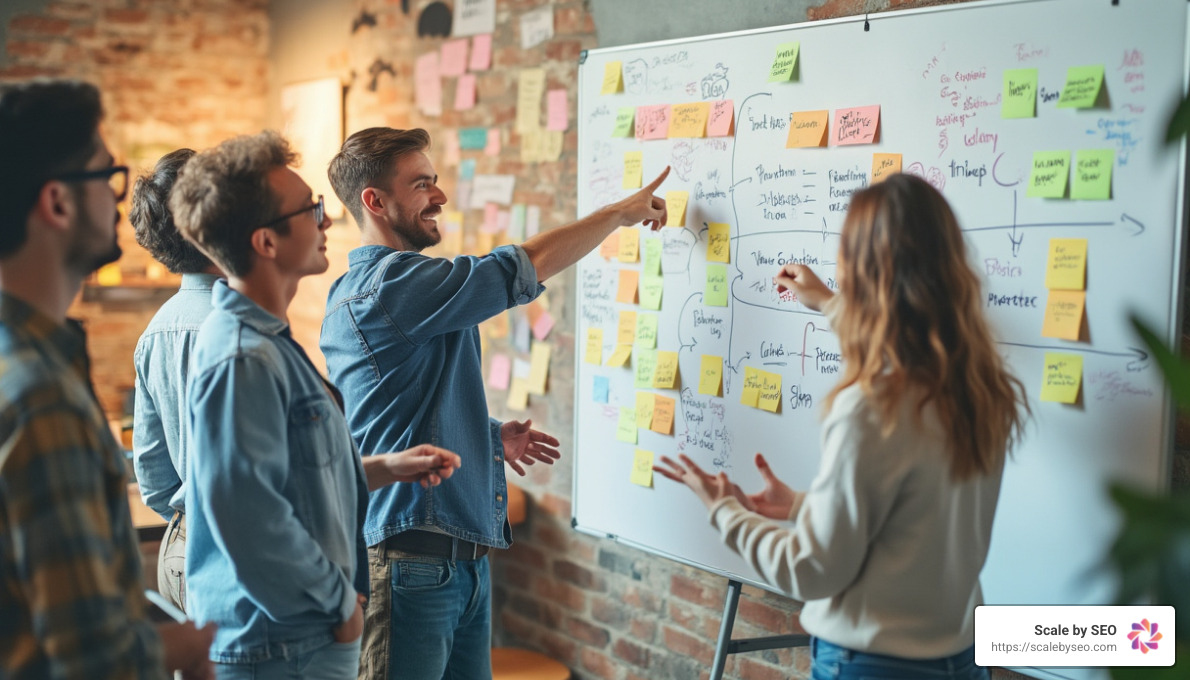 realistic photo of content marketing team brainstorming session with whiteboard covered in mind maps and sticky notes, casual startup office environment, people pointing at ideas - internet marketing solutions