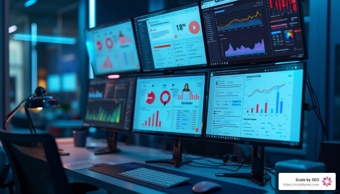 Professional office setting with multiple screens displaying various social media platforms and content analytics dashboards. Modern workspace with blue accent lighting. Realistic, detailed, 4K quality - content distribution services