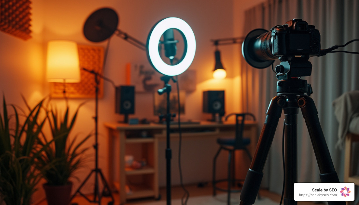 Realistic photo of YouTube studio setup with ring light, DSLR camera on tripod, podcast microphone, sound absorption panels on wall, warm lighting - online video distribution services Realistic photo of YouTube studio setup with ring light, DSLR camera on tripod, podcast microphone, sound absorption panels on wall, warm lighting - online video distribution services