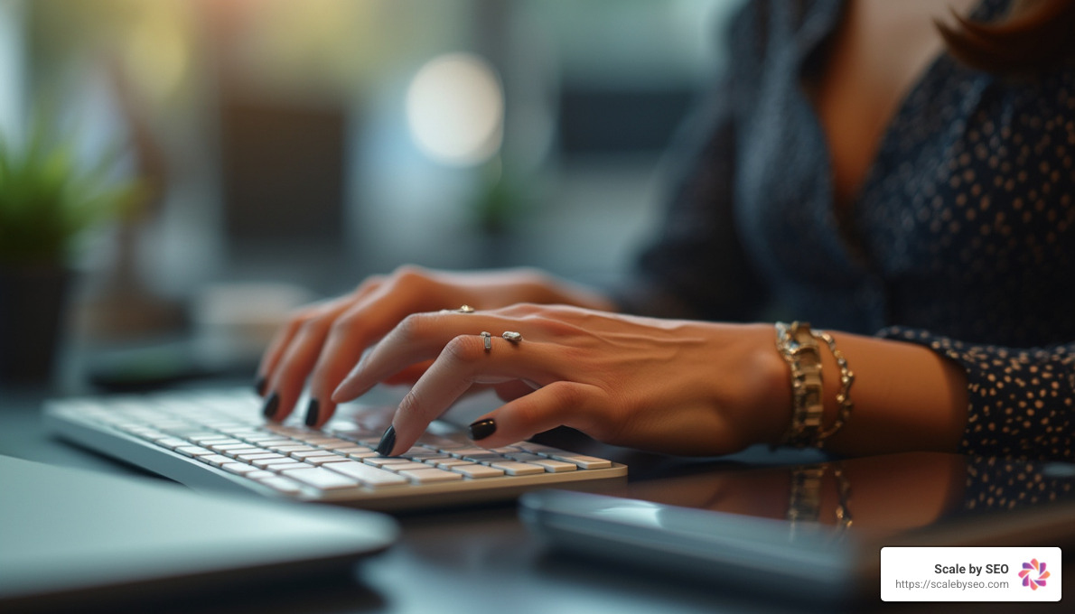 realistic stock photo of woman typing on keyboard - content distribution services