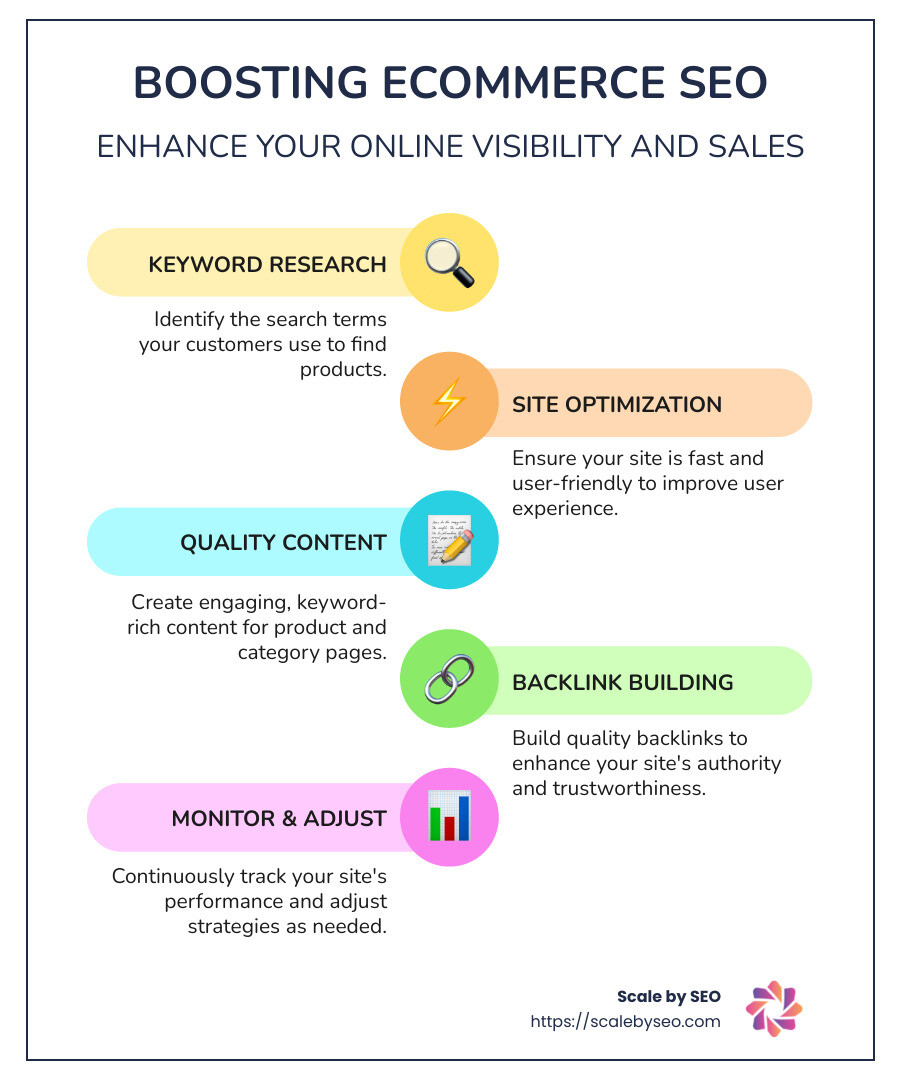 Steps to improve ecommerce SEO and improve online visibility including keyword research, site optimization, and quality content. - seo for ecommerce website infographic infographic-line-5-steps-colors