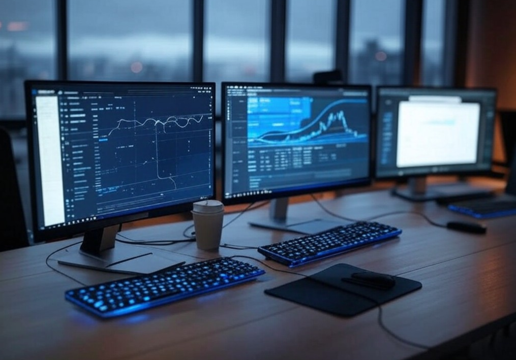 modern office workspace with multiple computer screens displaying SEO analytics dashboards - backlink service provider