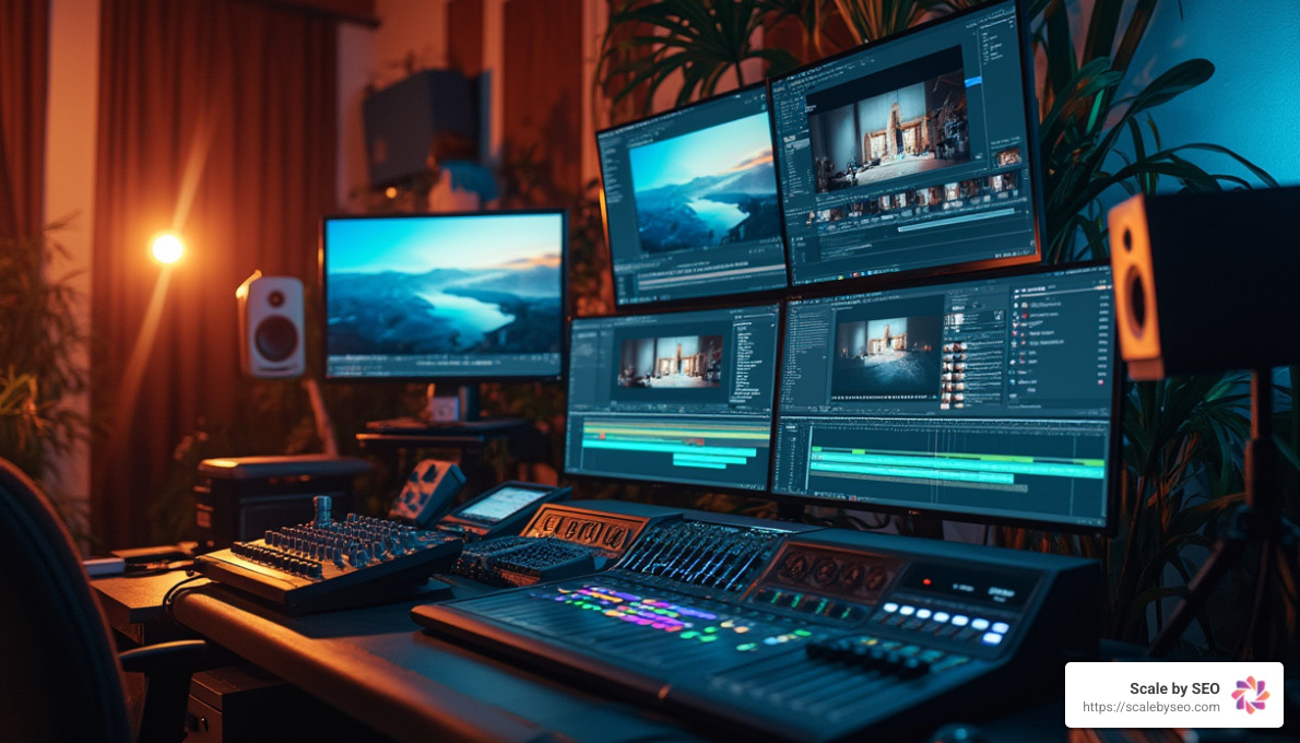 photo of professional video editing suite with multiple monitors showing video editing timeline, sound mixing board, dim professional lighting - video distribution platforms photo of professional video editing suite with multiple monitors showing video editing timeline, sound mixing board, dim professional lighting - video distribution platforms