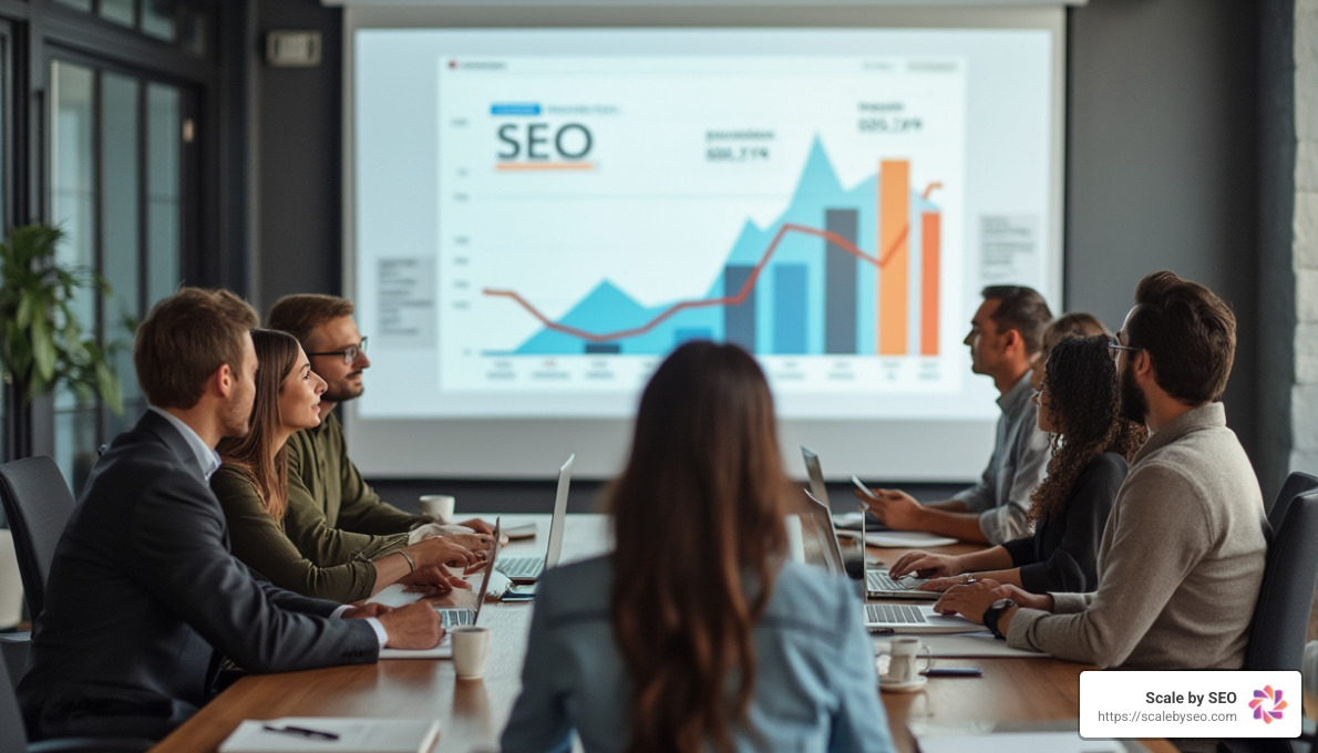 Realistic photo of diverse marketing team gathered around a conference table looking at SEO performance data projected on a large screen, business casual attire, contemporary office setting - using google analytics to track seo performance Realistic photo of diverse marketing team gathered around a conference table looking at SEO performance data projected on a large screen, business casual attire, contemporary office setting - using google analytics to track seo performance