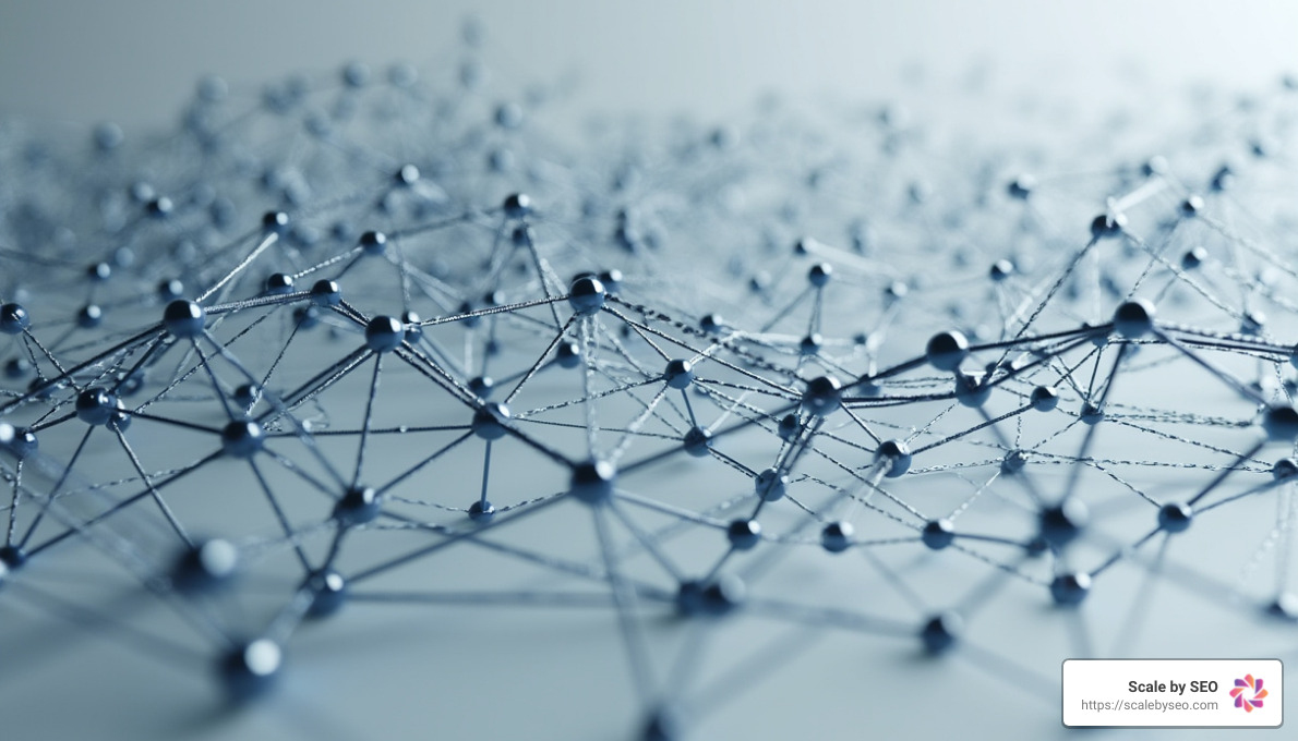 Minimalist 3D visualization showing interconnected web nodes in deep blue and white against a light gray background - backlink power indexer