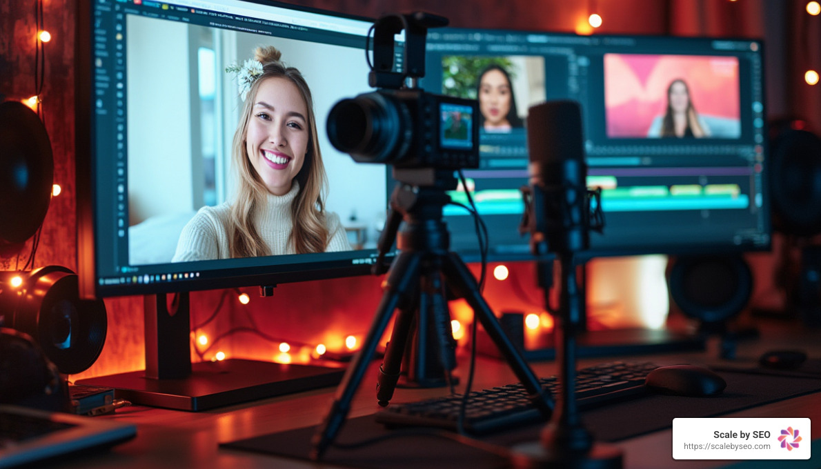 realistic photo of content creator workspace with dual monitors, one showing Instagram interface and other showing video editing software, professional microphone and camera visible - video distribution platforms realistic photo of content creator workspace with dual monitors, one showing Instagram interface and other showing video editing software, professional microphone and camera visible - video distribution platforms