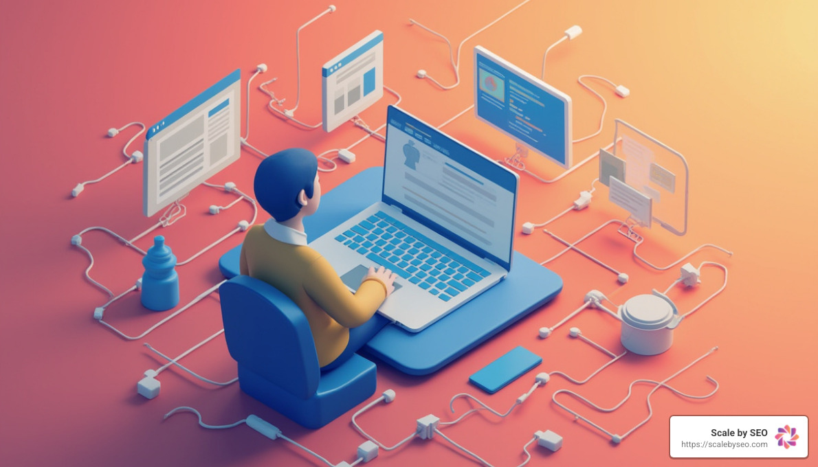 3D illustration of a person writing a guest blog on a laptop with links connecting to different websites - best backlink provider