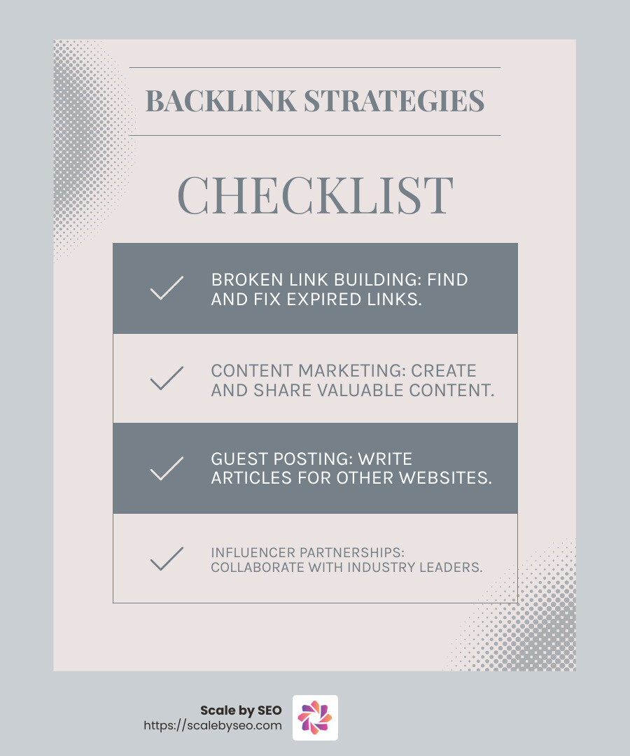 Infographic depicting various backlink strategies including broken link building, guest posting, influencer partnerships, and HARO, highlighting their benefits and examples for 2025 - Effective backlink strategies infographic checklist-light-blue-grey