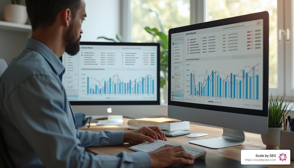 SEO specialist using rank tracking software with multiple charts showing keyword positions in a modern home office - best backlink provider