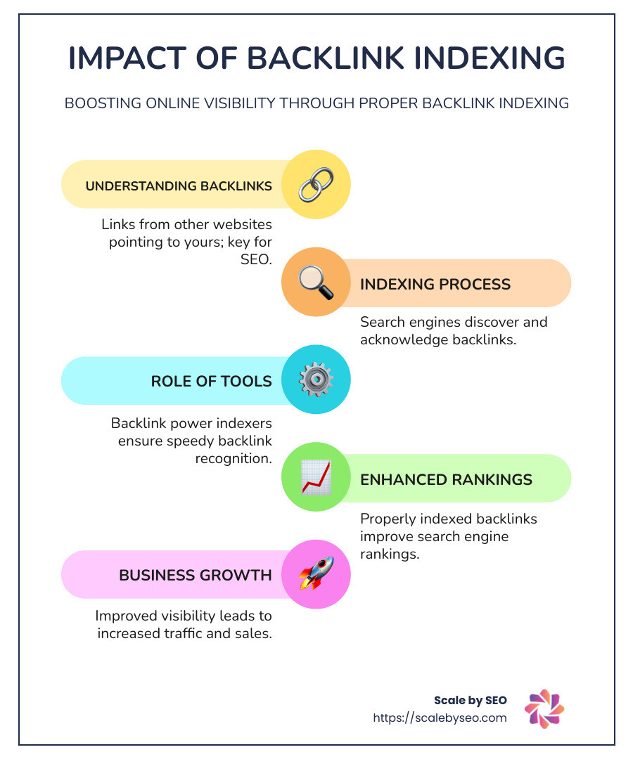 Infographic showing the impact of backlink indexing on search engine rankings through improved visibility and conversion rates for e-commerce businesses - backlink power indexer infographic infographic-line-5-steps-colors