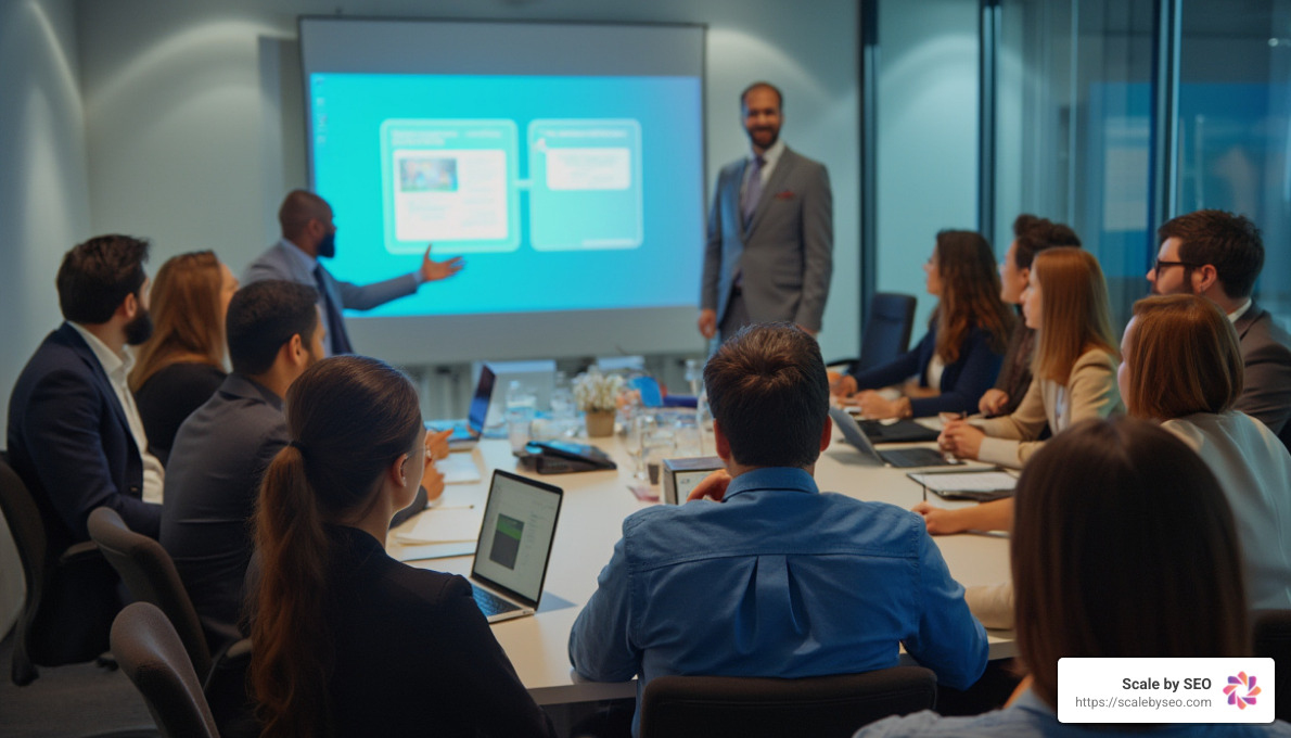 Professional audience viewing presentation on SlideShare - free backlink provider