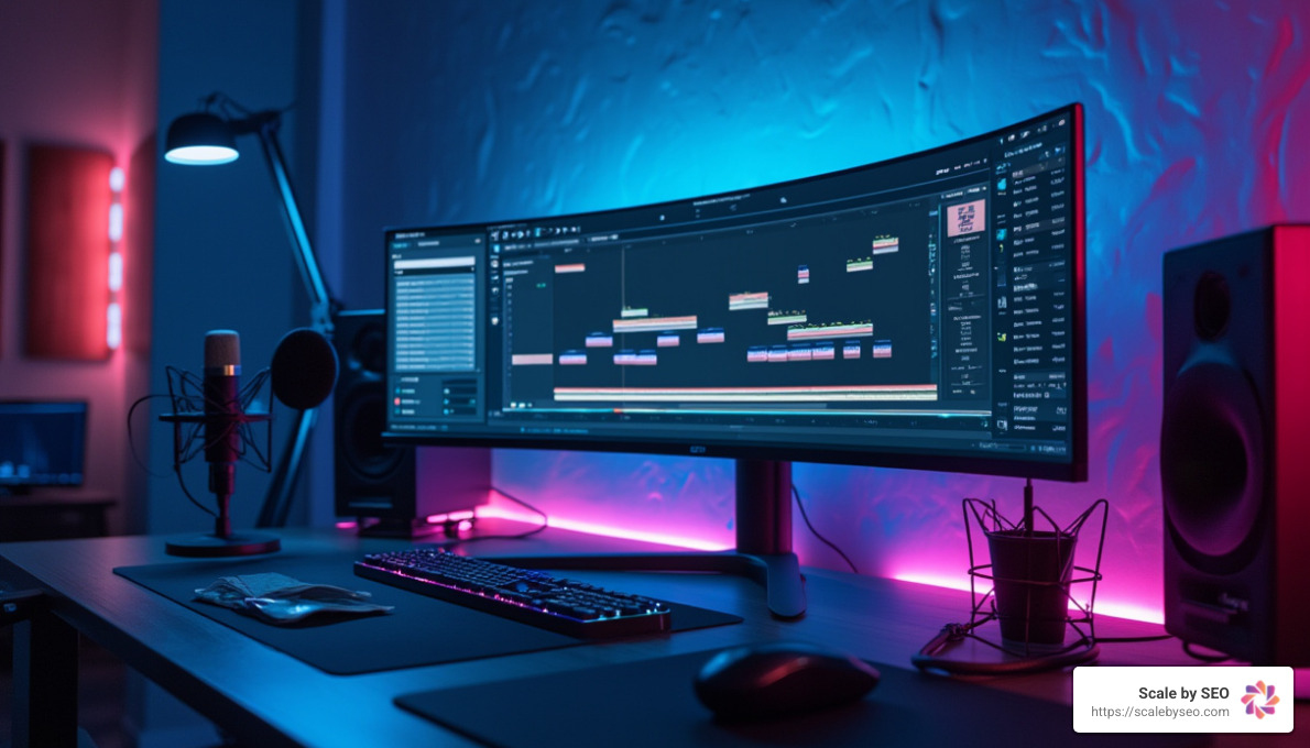 Realistic photo of video editing workstation with ultrawide curved monitor showing timeline software, professional microphone, dim ambient lighting with blue LED accent lights - online video distribution services Realistic photo of video editing workstation with ultrawide curved monitor showing timeline software, professional microphone, dim ambient lighting with blue LED accent lights - online video distribution services