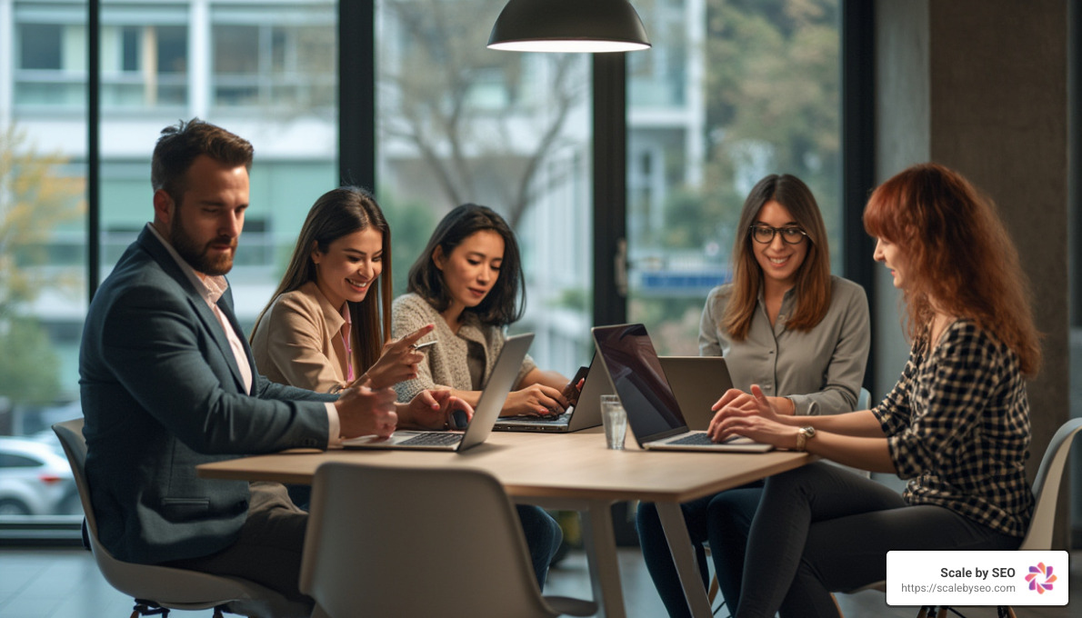 realistic photo of five people on a table with laptops and smartphones - Boost website traffic