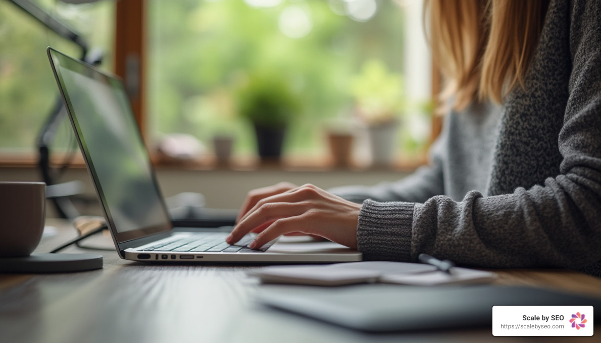 Realistic photo of person typing on laptop - Boost website traffic