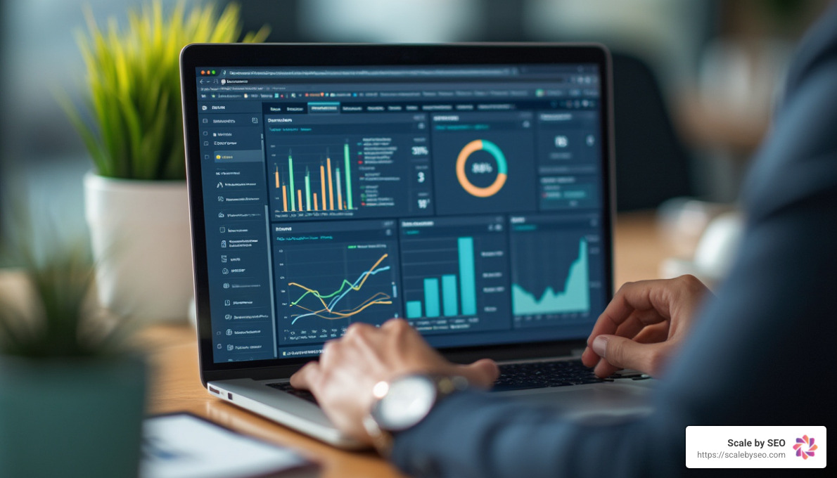 Realistic photo of a person using a laptop with online advertising dashboards on the screen - online advertising solutions