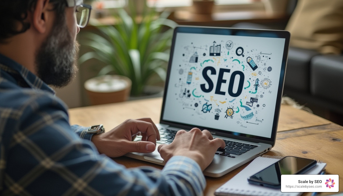 Realistic photo of a small business owner reviewing an SEO plan on a laptop, with a smartphone and notepad on the desk - SEO plan for small business