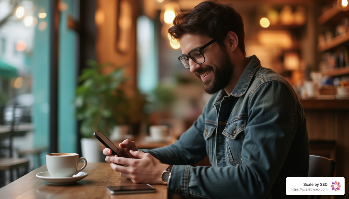 An entrepreneur using a smartphone to check Shopify sales and SEO performance while sitting in a cozy cafe - SEO for Shopify stores An entrepreneur using a smartphone to check Shopify sales and SEO performance while sitting in a cozy cafe - SEO for Shopify stores