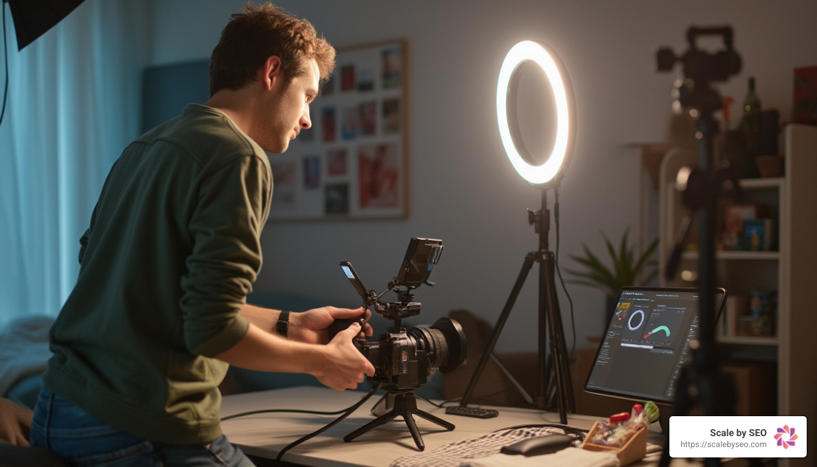 realistic photo of young professional vlogger setting up camera equipment in home studio, ring light visible - video distribution platforms realistic photo of young professional vlogger setting up camera equipment in home studio, ring light visible - video distribution platforms