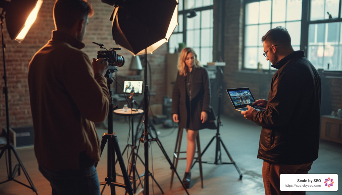 Behind the scenes of a video shoot in an industrial loft setting, featuring a professional lighting setup, camera on a tripod, and a director monitoring the feed on a laptop - online video distribution services Behind the scenes of a video shoot in an industrial loft setting, featuring a professional lighting setup, camera on a tripod, and a director monitoring the feed on a laptop - online video distribution services