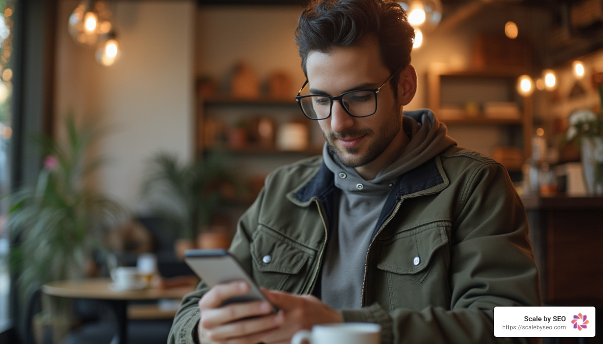 Entrepreneur using a smartphone to check Shopify sales and SEO performance while sitting in a cozy cafe - SEO for Shopify stores Entrepreneur using a smartphone to check Shopify sales and SEO performance while sitting in a cozy cafe - SEO for Shopify stores