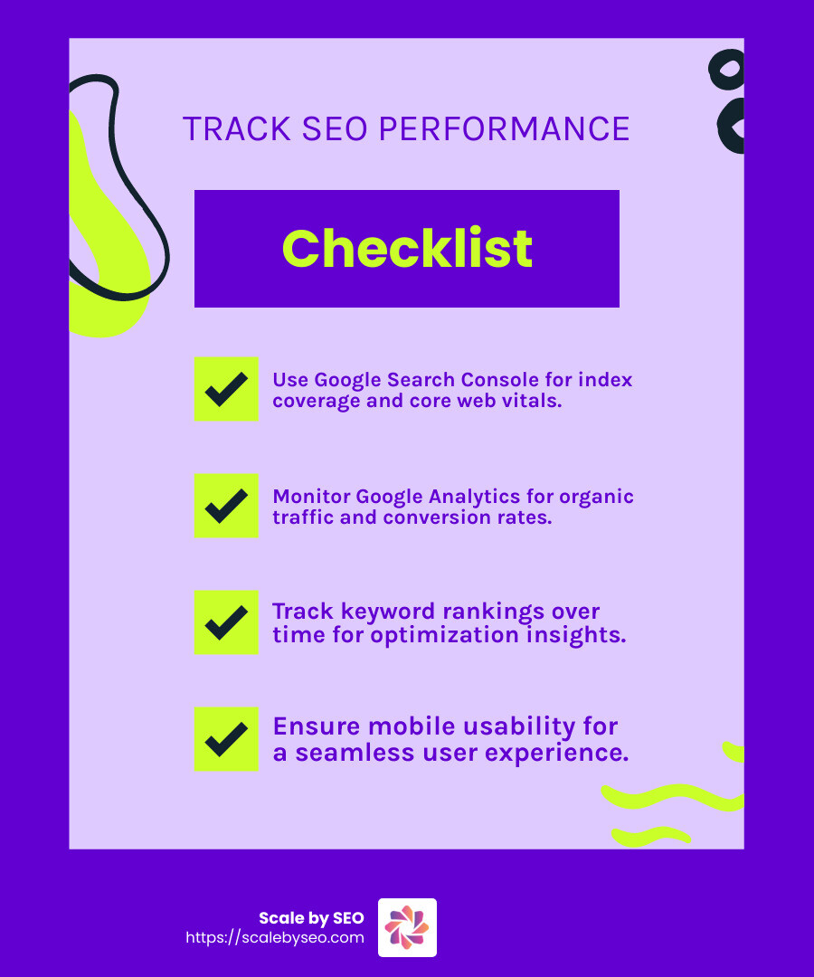 Google Analytics and Search Console provide essential insights into SEO performance. - how to track performance of technical seo infographic checklist-fun-neon