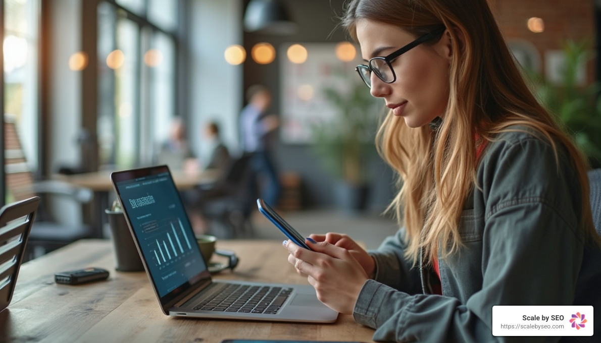 Realistic photo of female SEO specialist working on laptop in modern coworking space, smartphone displaying analytics app, industrial-modern decor, natural lighting - backlink service provider