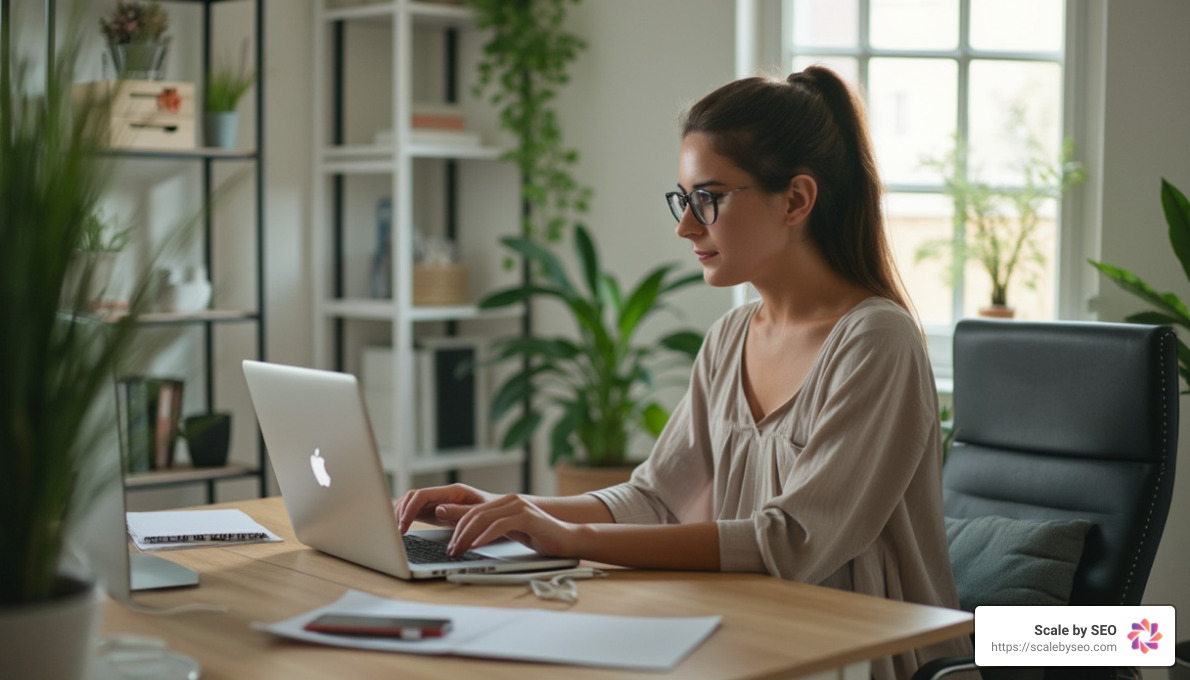 realistic photo of woman using laptop - seo content writing