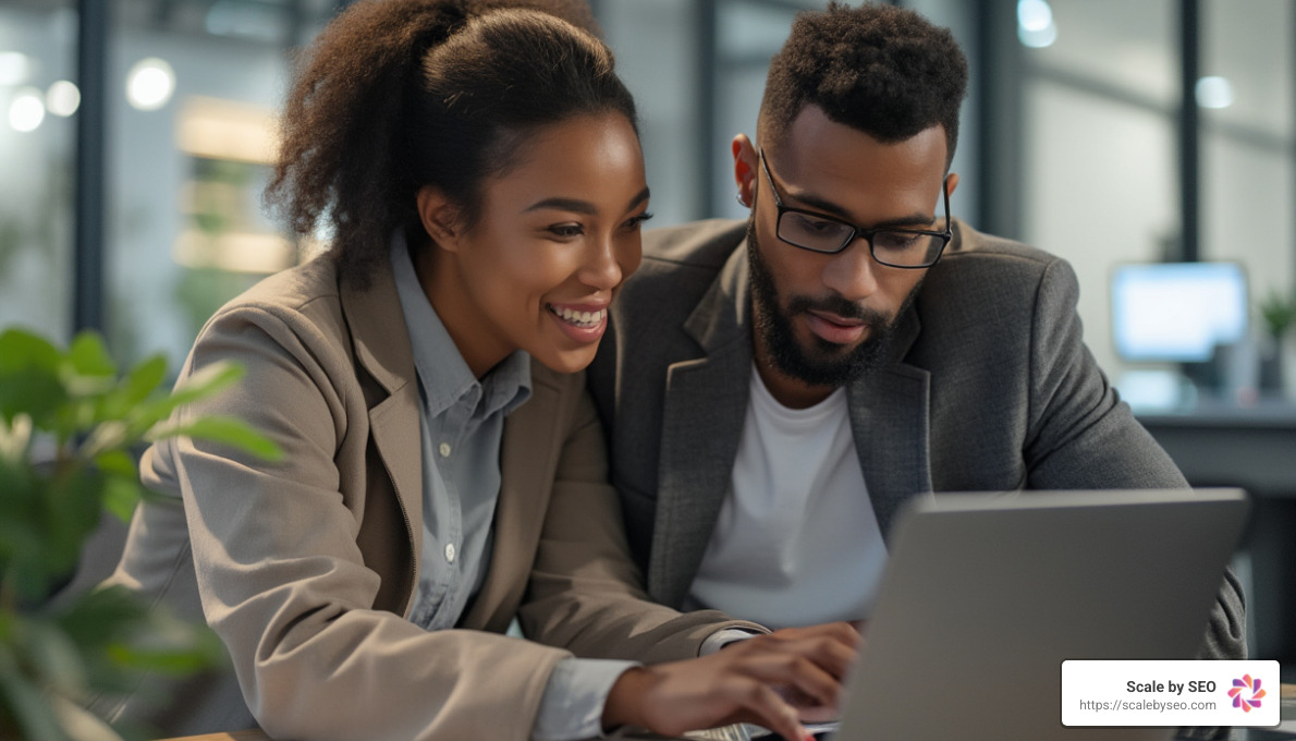 Two people looking at a laptop screen - auto backlink builder Two people looking at a laptop screen - auto backlink builder