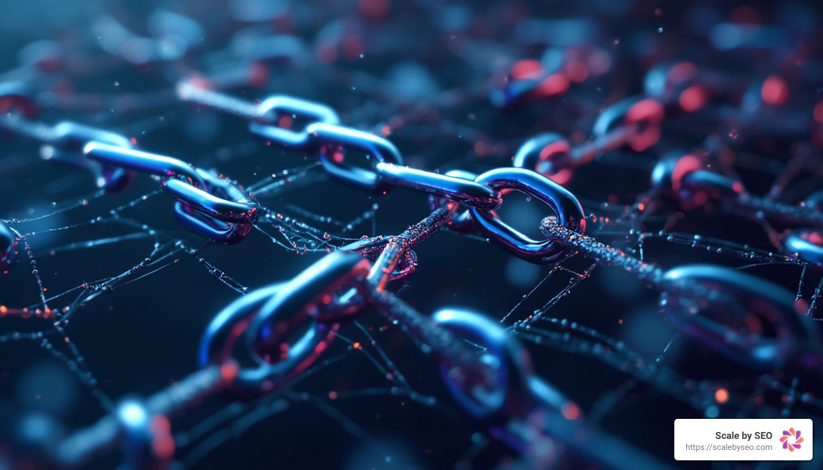 AI-generated illustration of interconnected backlinks forming a web-like structure, showcasing the concept of backlink networks and their impact on SEO - backlink power indexer