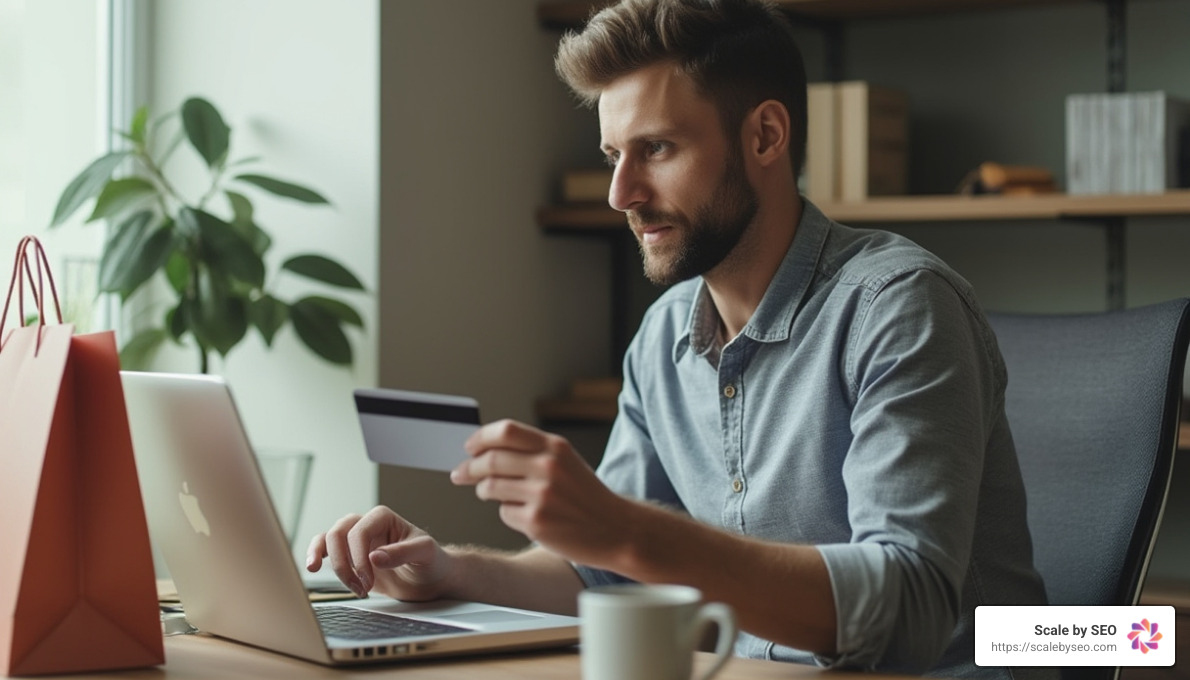 A man sitting at a desk, focused on shopping online using a laptop, with a credit card in hand, surrounded by shopping bags and a coffee cup - best practices for ecommerce sites