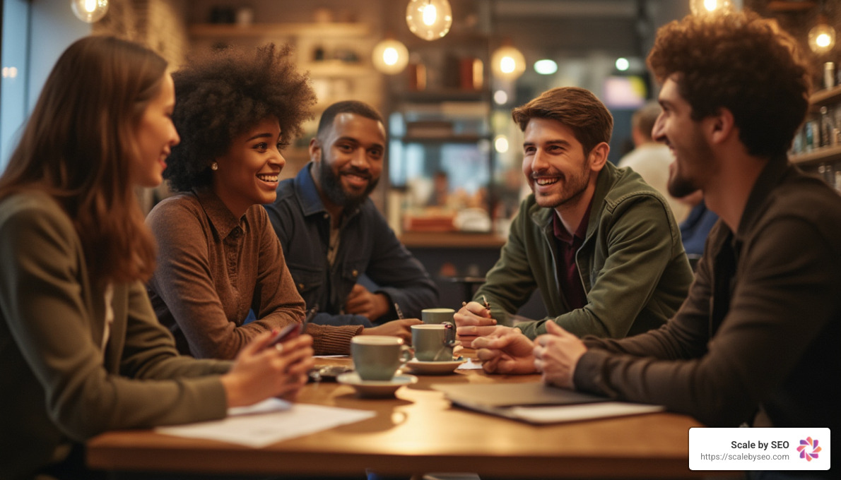 Group of people in a coffee shop discussing ideas - Advanced keyword research strategies Group of people in a coffee shop discussing ideas - Advanced keyword research strategies