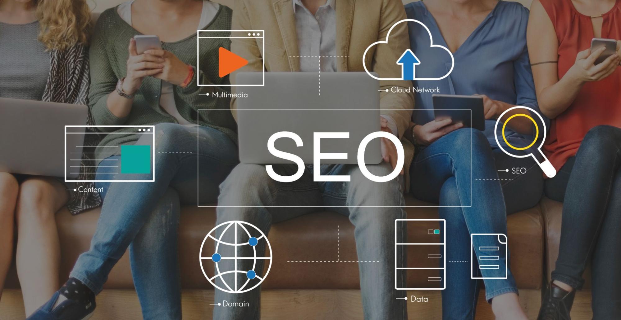 SEO concept image with magnifying glass, cloud, and globe icons