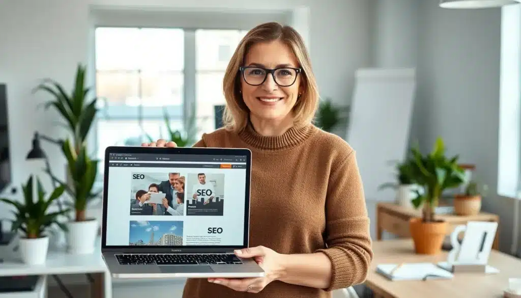 woman showing laptop - google ai overviews small businesses