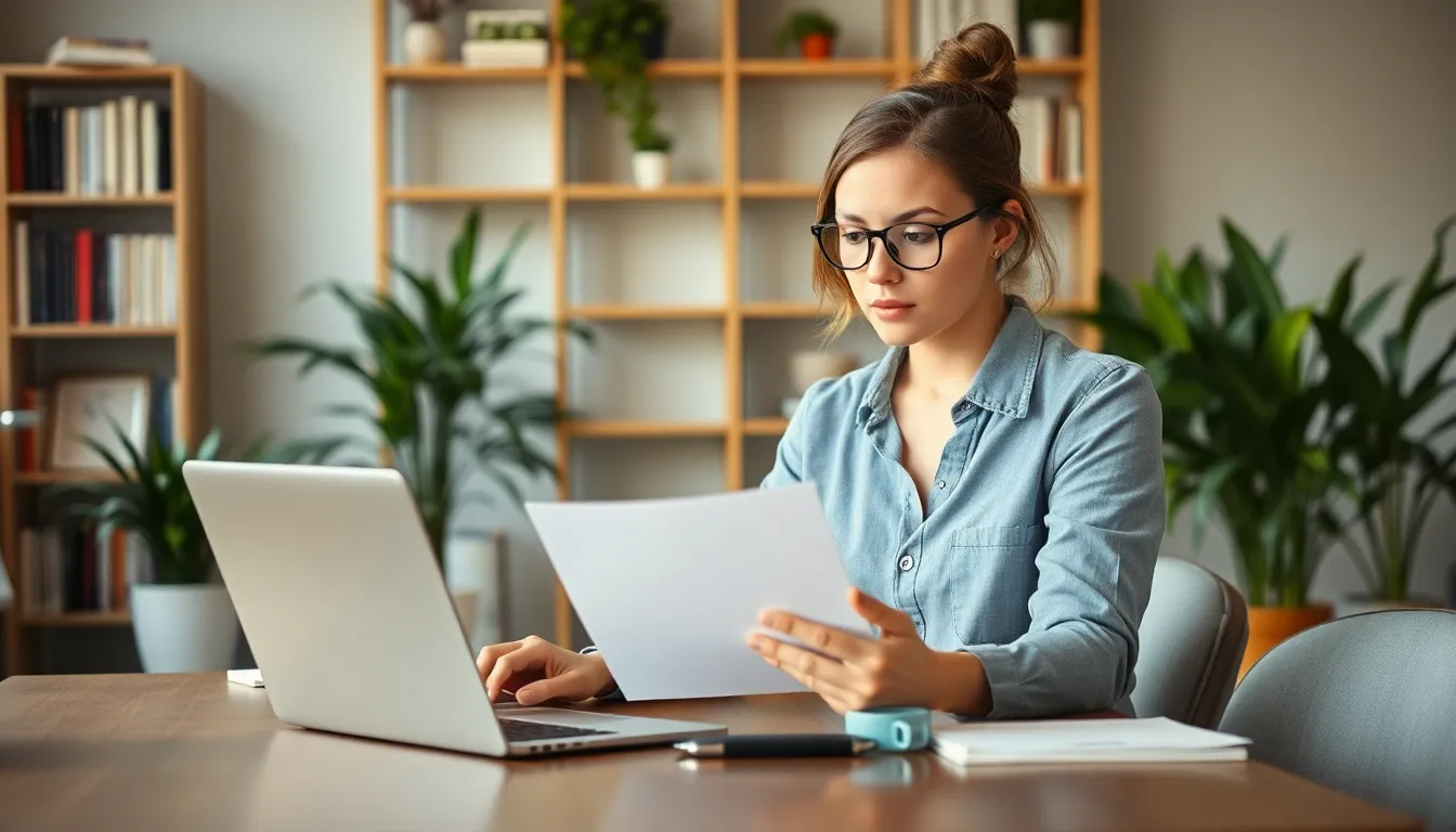 woman working on laptop, looking at document - Content Strategies for Outranking Industry Giants