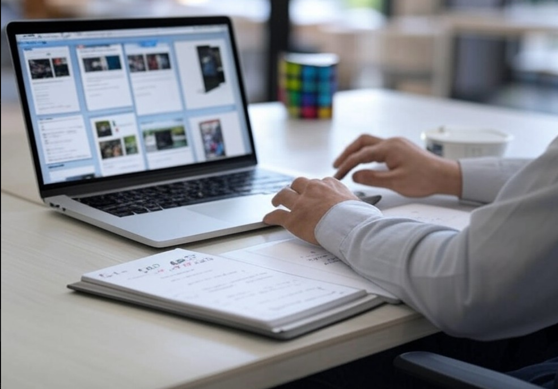 Realistic photo of professional web developer using laptop, SEO analysis tools visible on screen, sitting at clean modern desk with second monitor - seo analysis
