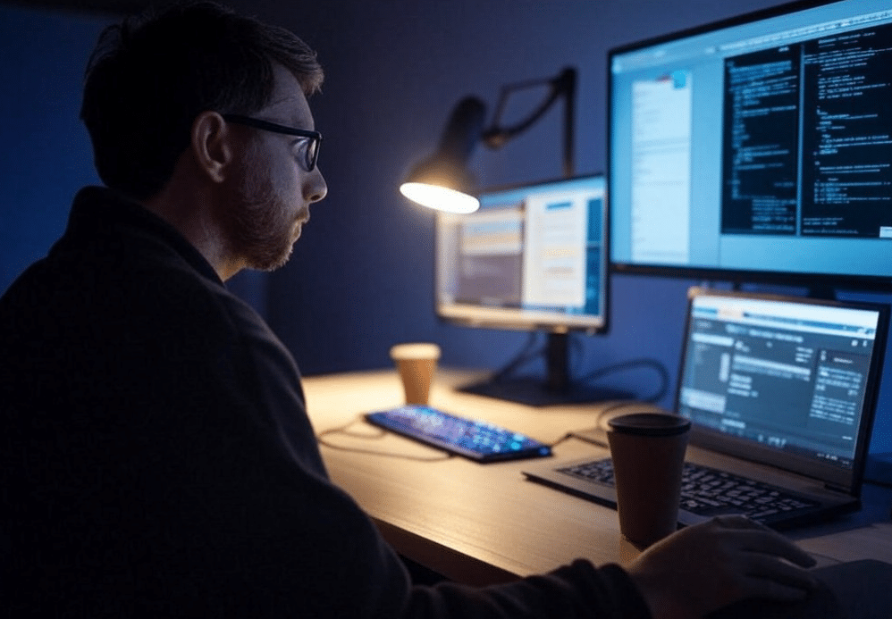 man working on computer- long-term seo content plan