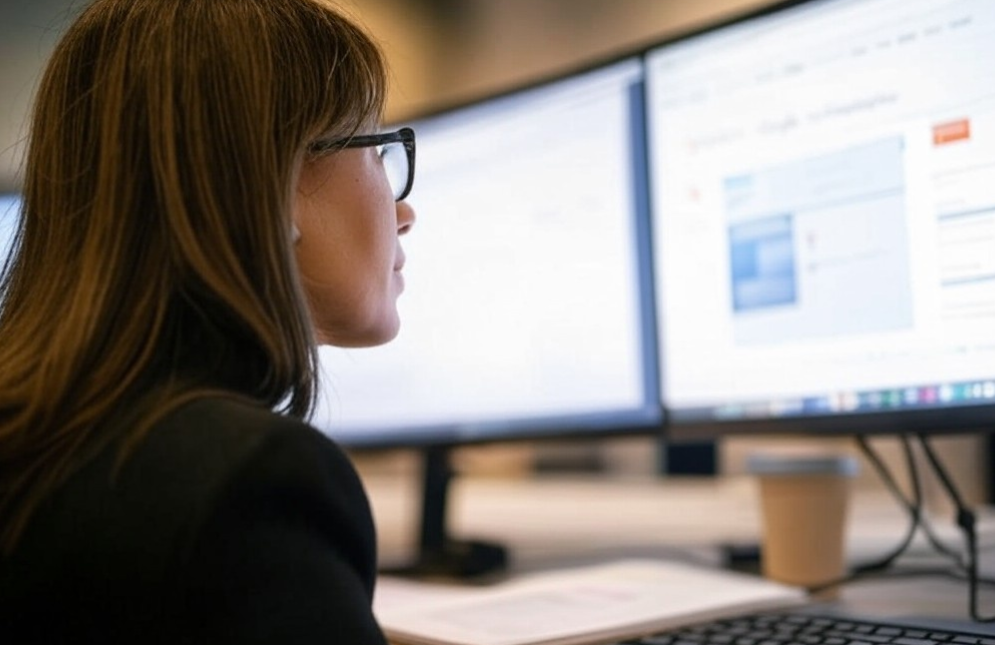 Realistic photo of woman working on laptop - Effective backlink strategies