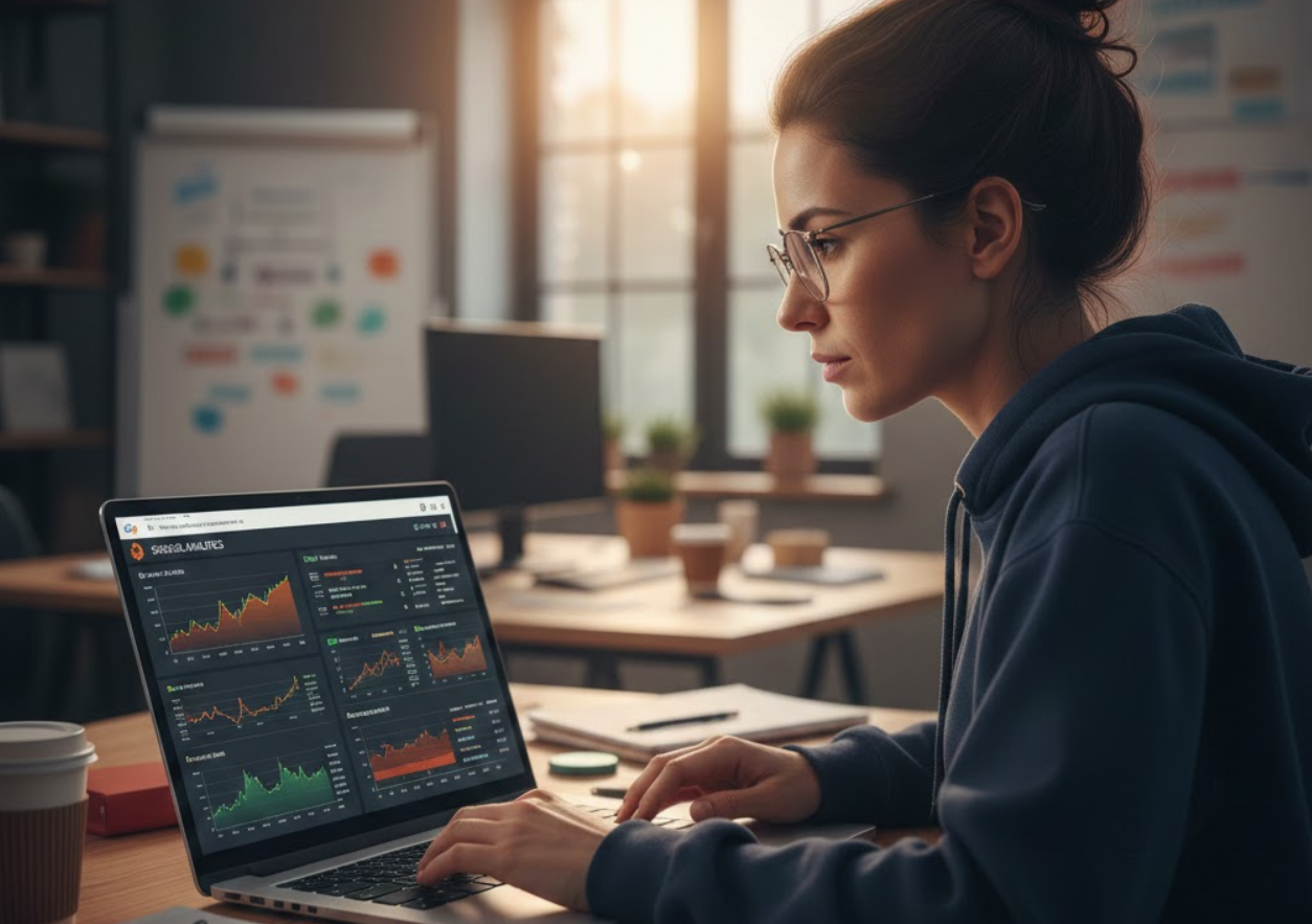 SEO professional analyzing performance data on a laptop